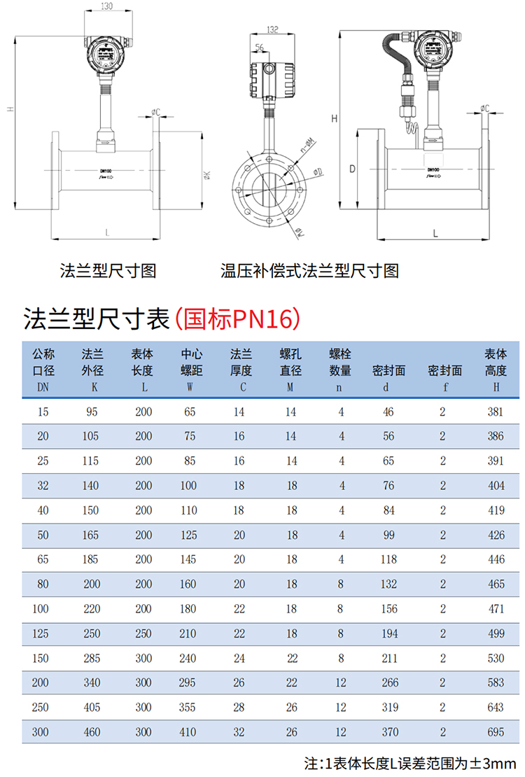 智能渦街流量計(jì)法蘭式尺寸圖